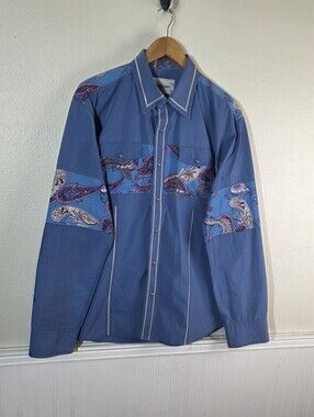 Vintage Ace Of Diamond Western Shirt Mens XXL Blue Paisley Pearl Snap Rockabilly